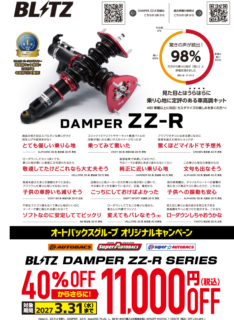 2026年-2027年 026年-2027年 オートバックスヒートアップキャンペーン BLITZ車高調ダンパーZZ-Rシリーズ